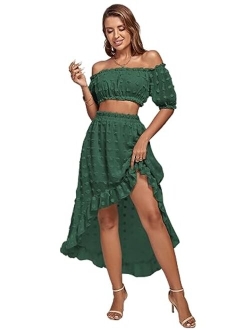 LYANER Womens 2 Piece Outfit Dress Off Shoulder Crop Top High Waist Ruffle Midi Skirt Set