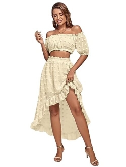 LYANER Womens 2 Piece Outfit Dress Off Shoulder Crop Top High Waist Ruffle Midi Skirt Set