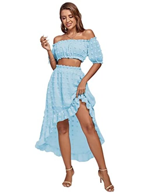 LYANER Womens 2 Piece Outfit Dress Off Shoulder Crop Top High Waist Ruffle Midi Skirt Set