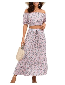 BLUEMING Women's Summer Floral Printed 2 Piece Outfit Off Shoulder Crop Top and Boho Tropical Long Skirt Set