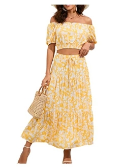 BLUEMING Women's Summer Floral Printed 2 Piece Outfit Off Shoulder Crop Top and Boho Tropical Long Skirt Set