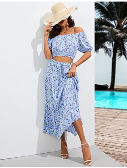 BLUEMING Women's Summer Floral Printed 2 Piece Outfit Off Shoulder Crop Top and Boho Tropical Long Skirt Set