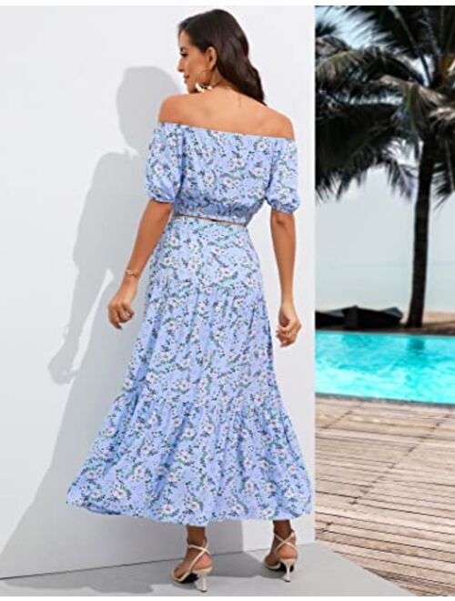 BLUEMING Women's Summer Floral Printed 2 Piece Outfit Off Shoulder Crop Top and Boho Tropical Long Skirt Set