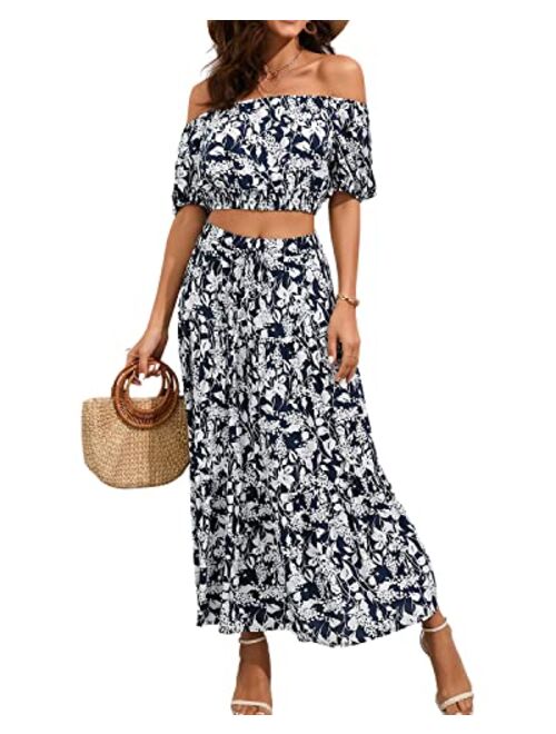 BLUEMING Women's Summer Floral Printed 2 Piece Outfit Off Shoulder Crop Top and Boho Tropical Long Skirt Set