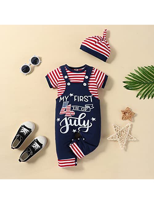 Gakizon Baby Boys 4th of July Outfit Infant My First Independence Day Clothes Bodysuit+Overalls+Hat