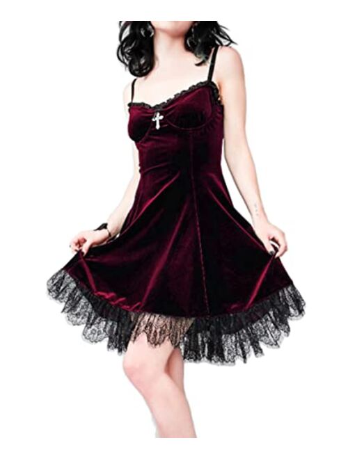 MAGICSHE Goth Dress for Women Gothic Dresses A-Line Velvet Dresses Lace Emo Dress Gothic Stretchy Sexy Slip Dress