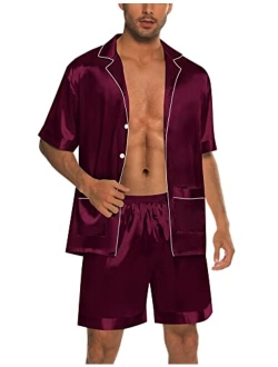 SWOMOG Mens Satin Pajamas Set 2 Piece Pj Button Down Loungewear 2 Piece Set Comfy Sleepwear with Shorts