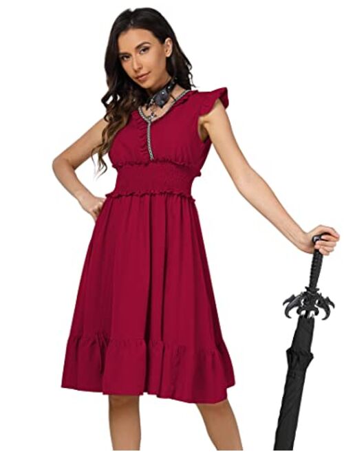 KOJOOIN Women's Renaissance Dress V Neck Smocked Vintage Dress Steampunk Gothic Dress