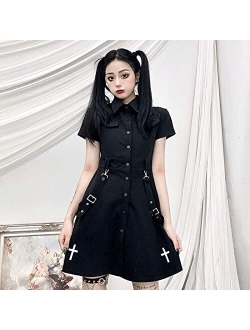 Momeitu Goth Dress Punk Gothic Harajuku Summer Black Mini Dress Shirt Women Short Sleeve Emo Clothes Mall Goth Accessories