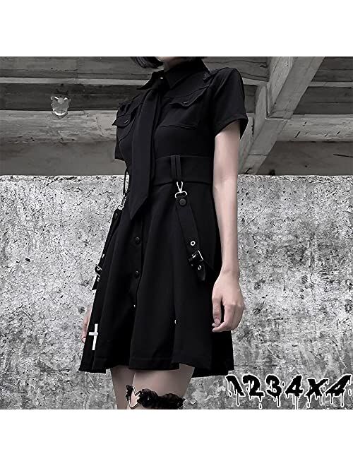 Momeitu Goth Dress Punk Gothic Harajuku Summer Black Mini Dress Shirt Women Short Sleeve Emo Clothes Mall Goth Accessories