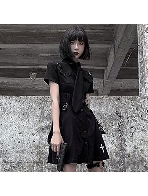 Momeitu Goth Dress Punk Gothic Harajuku Summer Black Mini Dress Shirt Women Short Sleeve Emo Clothes Mall Goth Accessories