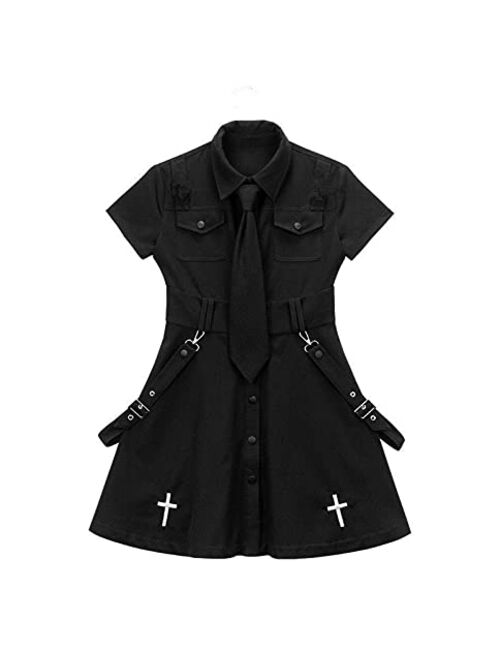 Momeitu Goth Dress Punk Gothic Harajuku Summer Black Mini Dress Shirt Women Short Sleeve Emo Clothes Mall Goth Accessories