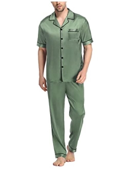 SWOMOG Men's Silk Satin Pajama Set Short Sleeve Classic Sleepwear Button Down Loungewear with Long Pants