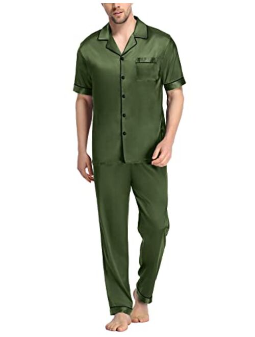 SWOMOG Men's Silk Satin Pajama Set Short Sleeve Classic Sleepwear Button Down Loungewear with Long Pants