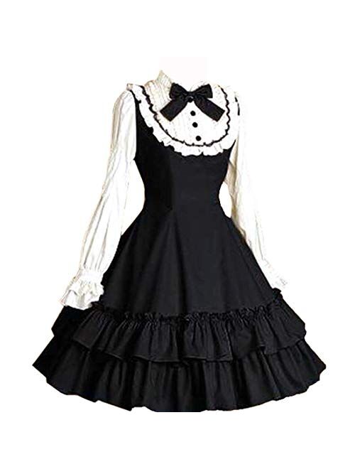 I-Youth Women Girls Black Gothic Lolita Dress Long Sleeves Multi Layers Classic Goth Dress Halloween Cosplay Costumees