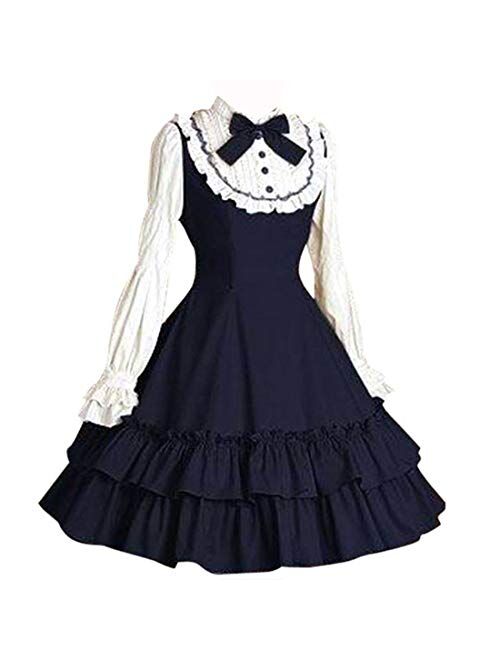 I-Youth Women Girls Black Gothic Lolita Dress Long Sleeves Multi Layers Classic Goth Dress Halloween Cosplay Costumees