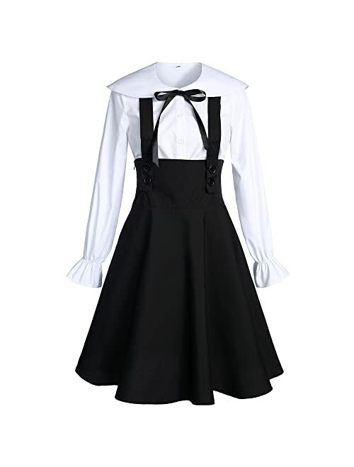 Jeufoin Women's Black Lolita Dress Overalls Plus Size A Line High Waist Brace Skirt Set Anime Maid Outfits Halloween Cosplay Costume