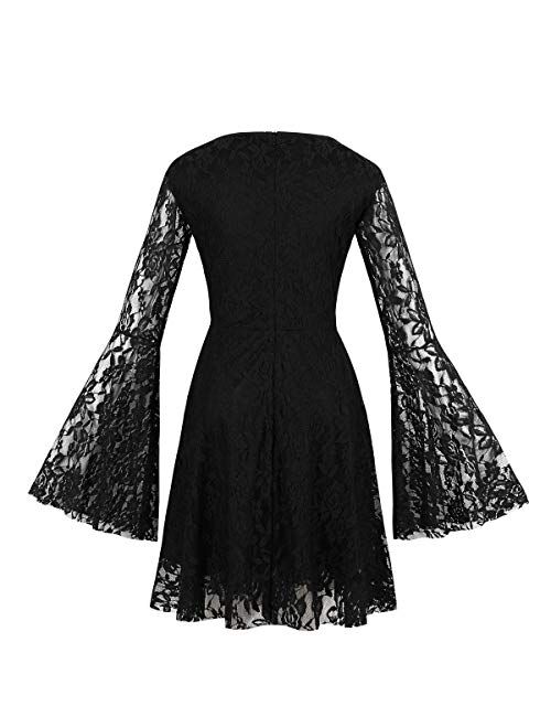 Wellwits Women's Flare Sleeves Lace Witchy Gothic 40s 50s Retro Vintage Dress