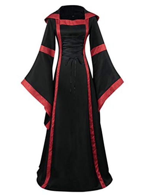 Zaxicht Womens Hooded Renaissance Dresses, Medieval Gothic Big Bell Sleeve Lace Up Witch Dress Halloween Costumes