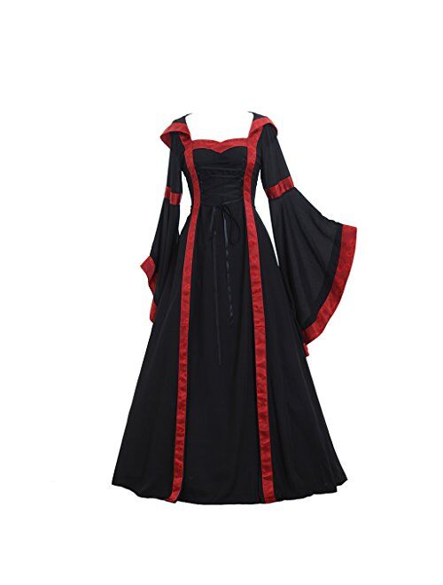 CosplayDiy Women's Gothic Victorian Witch Vampire Dress Medieval Renaissance Hooded Dress Trumpet Sleeves Cosplay Gown Dress