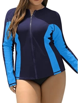 ATTRACO Womens Plus Size Long Sleeve Rash Guard Top Zipper Swimsuit Swim Shirt