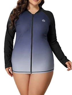 ATTRACO Womens Plus Size Long Sleeve Rash Guard Top Zipper Swimsuit Swim Shirt