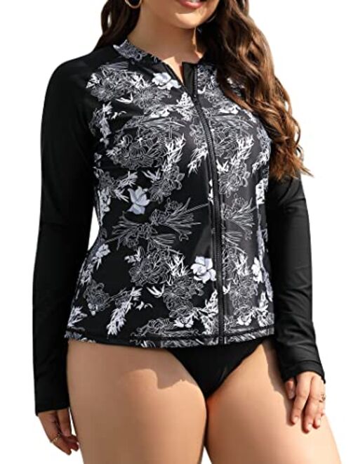 ATTRACO Womens Plus Size Long Sleeve Rash Guard Top Zipper Swimsuit Swim Shirt