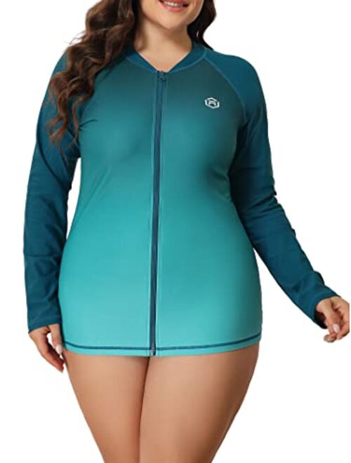 ATTRACO Womens Plus Size Long Sleeve Rash Guard Top Zipper Swimsuit Swim Shirt