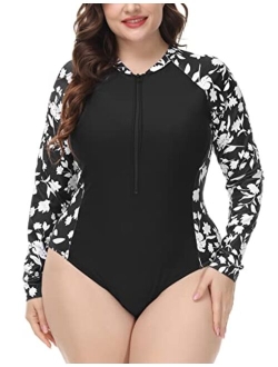 Hanna Nikole Women's Plus Size UPF 50+ Active Rashguard One Piece Long Sleeve Swimsuit Zipper Surfing Swimwear