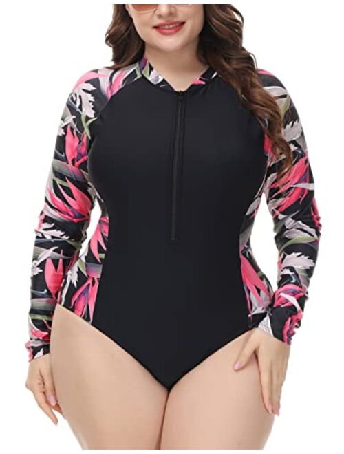 Hanna Nikole Women's Plus Size UPF 50+ Active Rashguard One Piece Long Sleeve Swimsuit Zipper Surfing Swimwear