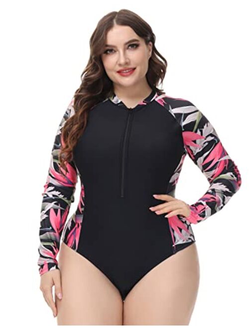 Hanna Nikole Women's Plus Size UPF 50+ Active Rashguard One Piece Long Sleeve Swimsuit Zipper Surfing Swimwear