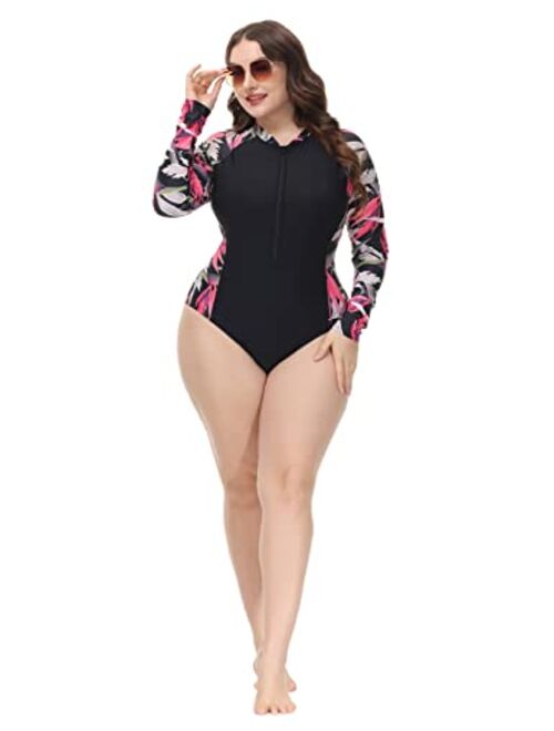 Hanna Nikole Women's Plus Size UPF 50+ Active Rashguard One Piece Long Sleeve Swimsuit Zipper Surfing Swimwear