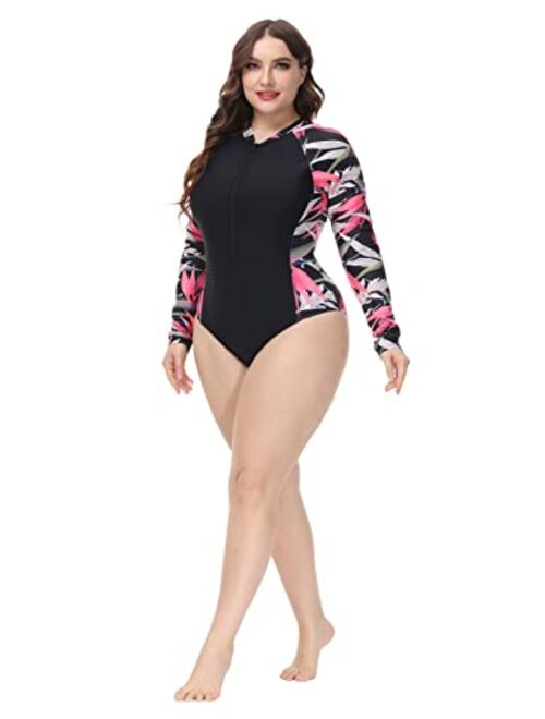 Hanna Nikole Women's Plus Size UPF 50+ Active Rashguard One Piece Long Sleeve Swimsuit Zipper Surfing Swimwear