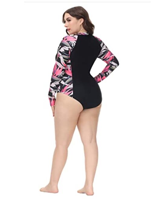 Hanna Nikole Women's Plus Size UPF 50+ Active Rashguard One Piece Long Sleeve Swimsuit Zipper Surfing Swimwear