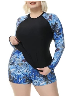 Hanna Nikole Women Plus Size Two Piece Rash Guard Long Sleeve Swimsuits Sun Protection Swim Shirt with Boyshort Bottom