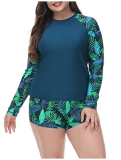 Hanna Nikole Women Plus Size Two Piece Rash Guard Long Sleeve Swimsuits Sun Protection Swim Shirt with Boyshort Bottom