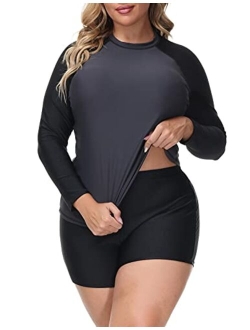 Hanna Nikole Women Plus Size Two Piece Rash Guard Long Sleeve Swimsuits Sun Protection Swim Shirt with Boyshort Bottom