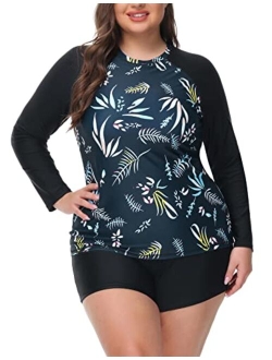 Hanna Nikole Women Plus Size Two Piece Rash Guard Long Sleeve Swimsuits Sun Protection Swim Shirt with Boyshort Bottom