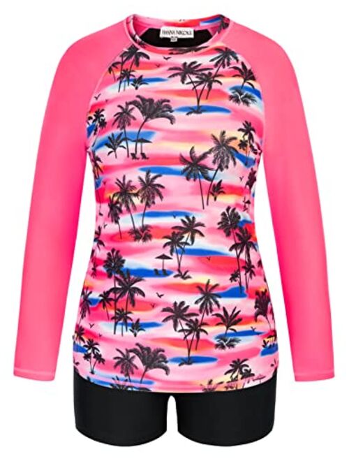 Hanna Nikole Women Plus Size Two Piece Rash Guard Long Sleeve Swimsuits Sun Protection Swim Shirt with Boyshort Bottom