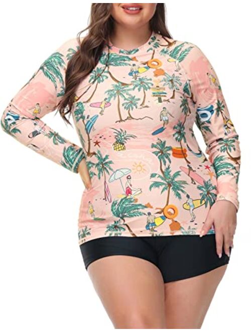 Hanna Nikole Women Plus Size Two Piece Rash Guard Long Sleeve Swimsuits Sun Protection Swim Shirt with Boyshort Bottom