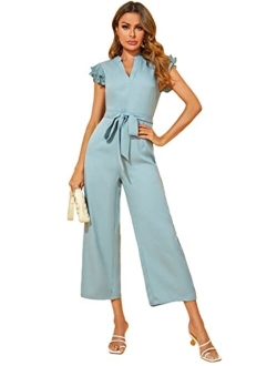 Women's Layered Ruffle Cap Sleeve Notched V Neck Belted Jumpsuit Pants