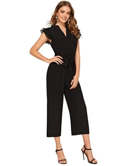 Women's Layered Ruffle Cap Sleeve Notched V Neck Belted Jumpsuit Pants