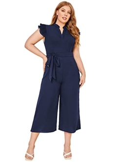 Women's Layered Ruffle Cap Sleeve Notched V Neck Belted Jumpsuit Pants