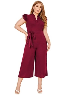 Women's Layered Ruffle Cap Sleeve Notched V Neck Belted Jumpsuit Pants