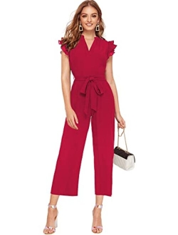 Women's Layered Ruffle Cap Sleeve Notched V Neck Belted Jumpsuit Pants