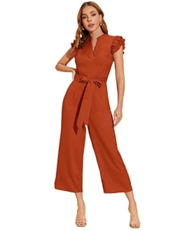 Women's Layered Ruffle Cap Sleeve Notched V Neck Belted Jumpsuit Pants