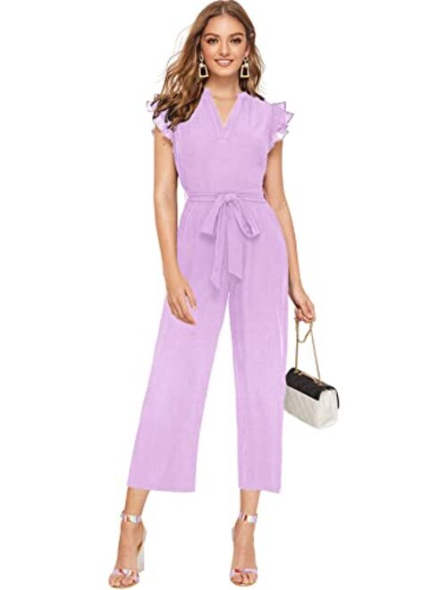 WDIRARA Women's Layered Ruffle Cap Sleeve Notched V Neck Belted Jumpsuit Pants