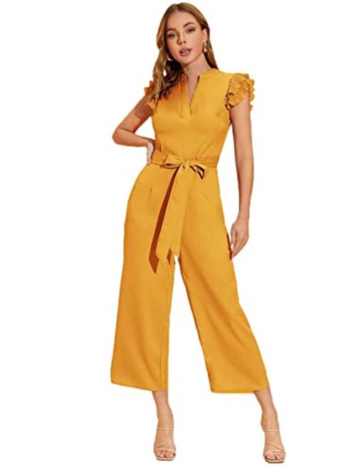 WDIRARA Women's Layered Ruffle Cap Sleeve Notched V Neck Belted Jumpsuit Pants