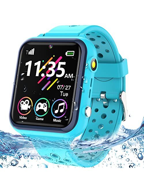 OVV Waterproof Kids Smart Watch for Boys Girls Ages 4-12 with 16 Games Video Camera Music Player Call 12/24 Hr Clock Flashlight Calculator HD Touch Screen Children Learni