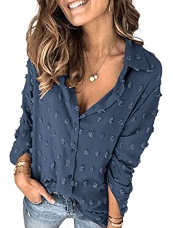 Hount Womens Button Down V Neck Long Sleeve Shirts Casual Pom Poms Blouse Work Tops